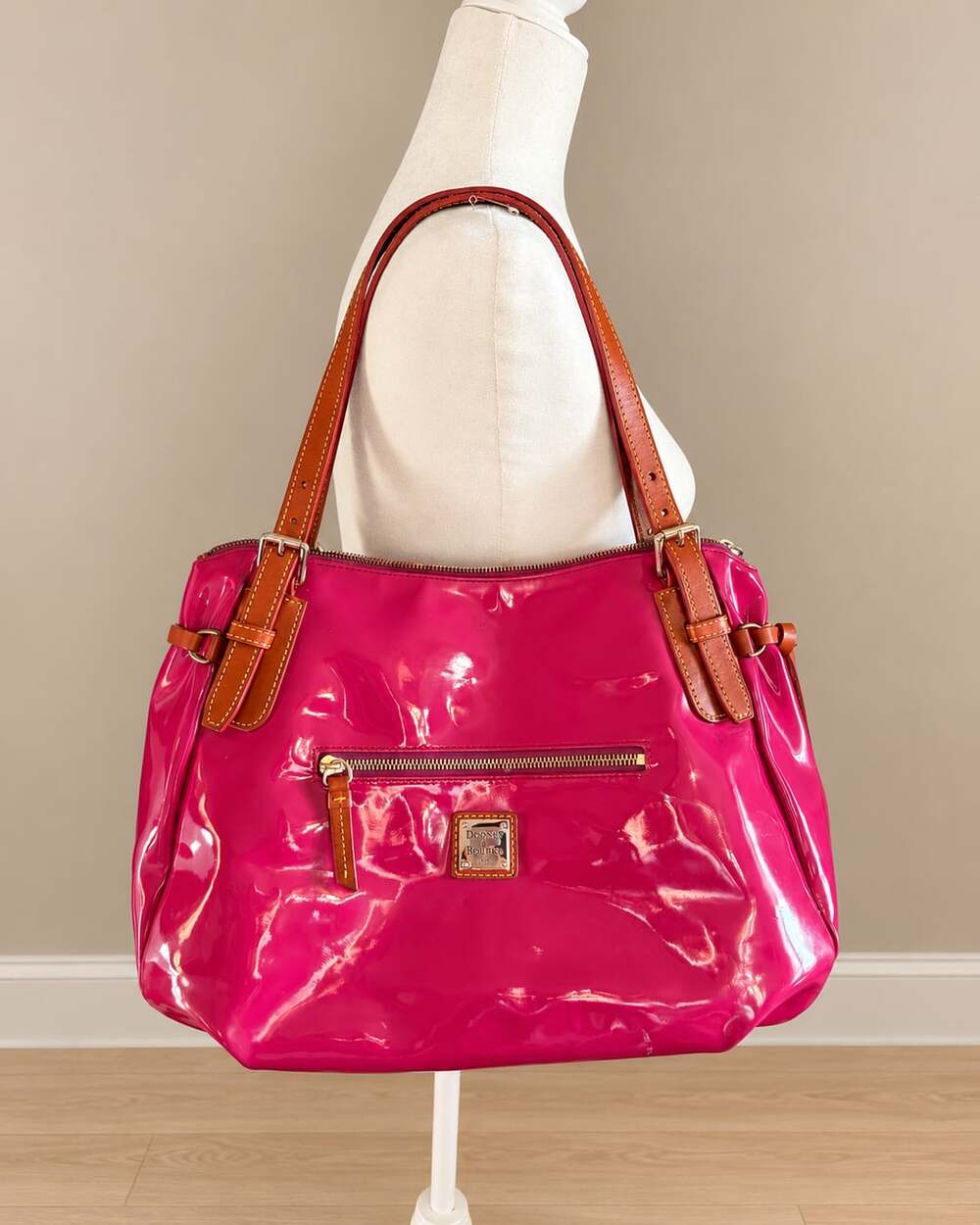 Dooney & Bourke Pink Patent Leather Shoulder Bag With Brown Trim